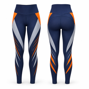 Legging de yoga MEGAMAPLE taille haute à découpes et surpiqûres contrastées, longueur intégrale, imprimé géométrique par sublimation, bleu marine, orange, gris, extensible dans quatre directions - Product Image 1