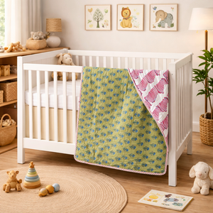 Indian Hand Block Print Soft Baby Quilt 60"X40" size Hand Stitched Colorful Durable 100% Cotton Reversible for home Travel use - Product Image 5