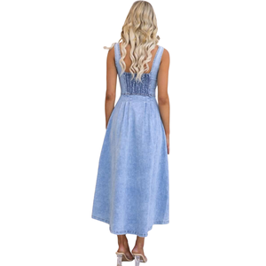 Ladies Casual Sleeveless Denim Dress with Button Closure Wholesale Clothing Manufacturer - Product Image 4