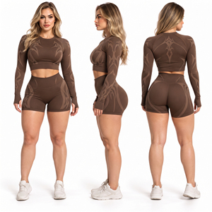 <b>Women</b> Gym Workout <b>Long</b> Sleeve Crop Top Printed Compression <b>Shorts</b> Set Printed Crop Top and <b>Shorts</b> Activewear Set Ladies Fitness - Product Image 5