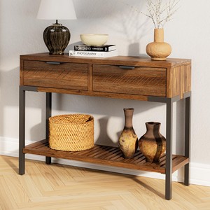 Solid Wood Console Table with Drawers & Shelves | Industrial Metal Frame Wholesale - Product Image 1
