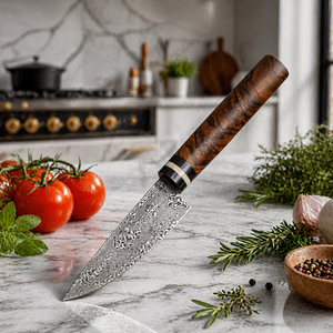 Couteau à éplucher ambidextre moderne, éco-responsable, fait main, en acier Damas, avec lame de 3,5 cm, manche en bois de rose et étui en cuir - Product Image 1