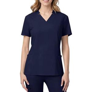 Haut de blouse médicale bleu marine à col en V pour femme, manches courtes, uniforme d'hôpital, tissu polyester respirant, haut de blouse médicale - Product Image 3