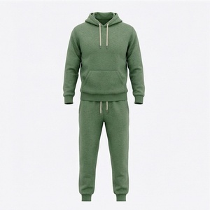 Ensemble de survêtement vert à capuche pour homme, couleur unie, sweat-shirt et pantalon en coton, tenue décontractée d'automne, fermeture à cordon de serrage sur toute la longueur - Product Image 1