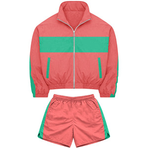 Conjunto de Pantalones Cortos Cortavientos de Poliéster de Alta Calidad, 120 GSM, Color Coral con Paneles Verdes, Logotipo Personalizado, Tallas Grandes - Product Image 1
