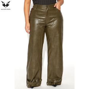 Pantalon en similicuir vert olive tendance pour femme, taille haute, coupe droite, ajustement régulier, style décontracté streetwear, respirant et écologique - Product Image 3