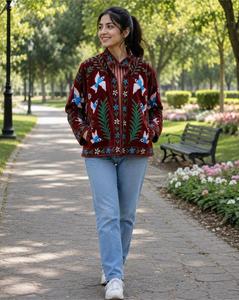 Luxury Burgundy Velvet <b>Embroidered</b> Suzani <b>Jacket</b> With Bird Pattern Full Sleeve Stand Collar Handmade Bohemian <b>Women</b> Winter Coat - Product Image 2