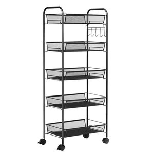 "Lockable 5 Tier Mesh Rolling Cart with 5 Square <b>Baskets</b> & 5 Hooks <b>for</b> Utility <b>Storage</b> (Plastic)" - Product Image 6