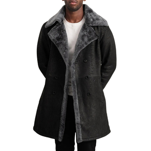 <b>Men's</b> <b>Black</b> Genuine Leather Shearling Lapel Double Breasted Knee Length Overcoat - Product Image 2
