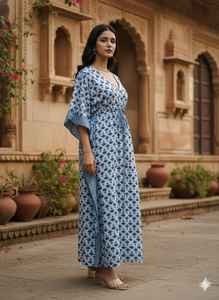 Caftán largo de algodón con estampado geométrico azul hecho a mano, vestido maxi, cubrebikini para mujer, ropa de playa, estilo bohemio, ropa étnica india. - Product Image 3