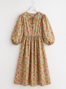 Indian Cotton Floral Print Midi Dress <b>V</b>-Neck with <b>string</b> Closer For Women, Summer Dress - Product Image 2
