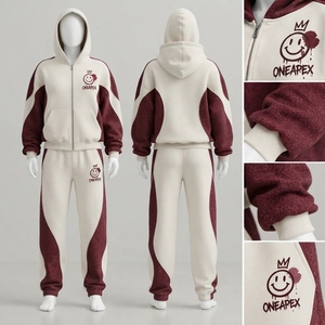 Conjunto Deportivo de Dos Piezas para Mujer, Sudadera con Capucha y Cremallera Color Crema Borgoña, Pantalones Jogger, Ropa Deportiva Informal - Product Image 4