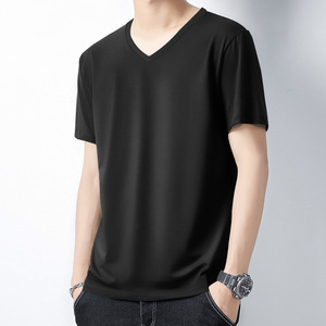 T-shirt homme col V en coton respirant, coupe slim et polyvalente, couleur unie, broderie personnalisée avec logo OEM. - Product Image 2