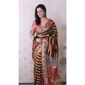 Sari de Seda Tussar Naranja Suave con Estampado de Rayas y Zari Tejido, Elegante Bufanda y Chal Tradicional Indio de Elite Weaves - Product Image 2