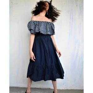 Vestido Mini de Verano para Mujer con Cuello en V, Top con Volantes a Rayas y Falda Escalonada Azul Marino, Cintura Elástica, 100% Algodón Ecológico - Product Image 2
