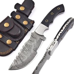 Couteau de chasse et de camping robuste multi-usage en acier Damas, à pointe clip, avec manche en Micarta et étui en cuir, pour le bricolage - Product Image 1