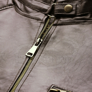 Veste de moto pour homme en cuir véritable marron, imperméable, écologique, col montant, fermeture éclair, coupe ajustée, longueur normale, couleur unie - Product Image 6
