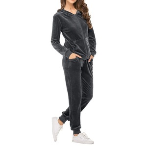 Ensemble de survêtement en velours pour femmes, à capuche, fermeture éclair, manches longues, couleur unie, tenue de jogging décontractée avec poches latérales, vêtements d'hiver - Product Image 1