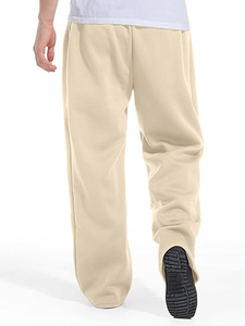 Pantalon de survêtement ample pour homme, coupe large, beige crème, en molleton épais, à bas ouvert, coupe droite, vente en gros - Product Image 3