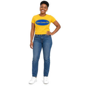 <b>Women</b> Bright <b>Yellow</b> O Neck Short Sleeve <b>T</b> <b>Shirt</b> with Royal Blue Oval Emblem Print Casual Fashion Graphic Tee Comfortable - Product Image 1