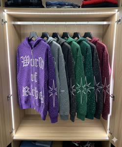 เสื้อฮู้ดซิปพิมพ์ลายโลโก้แบบกำหนดเองประดับด้วยคริสตัลทั่วตัว ผ้าเฟรนช์เทอร์รี่เนื้อหนา ตามความต้องการของลูกค้า สวมใส่ได้ทั้งชายและหญิง - Product Image 6