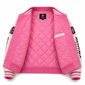 Chaqueta Varsity Unisex Sólida Rosa y Blanca con Letras Bordadas, Estilo Casual, Invierno, Corte Regular, Cierre de Botón Sencillo, Cuello Alto - Product Image 4
