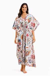 Robe kaftan florale pour femmes, robe maxi bohème, tenue de plage estivale, coupe ample, col en V, robe de vacances. - Product Image 6
