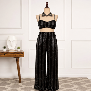 Luxury Black <b>Sequin</b> Co Ord Set for Women | Designer <b>Crop</b> <b>Top</b> Wide Leg Pants Party Wear & Evening Club Outfit Fashion Statement - Product Image 1