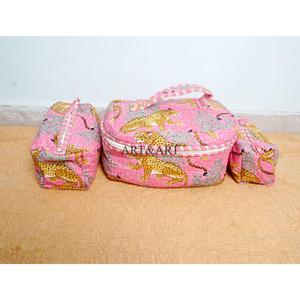 Functional 3-Piece Zipper Closure <b>Vanity</b> Set Stylish Cotton Fabric Eco-Friendly Soft Handle Multi-Purpose Floral Print Bag - Product Image 1