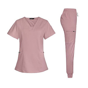 Ensemble de tenue médicale rose pour femme, col en V, manches courtes, pantalon, en tissu tissé coton-polyester, détection par aiguille - Product Image 1