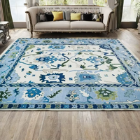 Tapis persan de luxe en laine/soie noué à la main |   Tapis décoratif pour salon à poils ras, antidérapant, motif abstrait bleu clair, adapté aux animaux domestiques 1