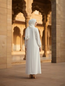 Abaya blanche à manches longues, longueur ras du sol, col montant, robe modeste en coton pour femme, tenue quotidienne du Moyen-Orient, couleur unie, coupe ample - Product Image 2