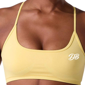 Custom Logo <b>Yellow</b> Sports Bra Women Scoop Neck Thin Strap Seamless Workout <b>Crop</b> <b>Top</b> Fitness Gym Activewear Wholesale - Product Image 3