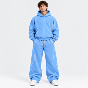 Ensemble de survêtement bleu à capuche pour homme, coupe ample, décontracté, avec sweat-shirt et pantalon à poches latérales, en coton respirant - Product Image 1
