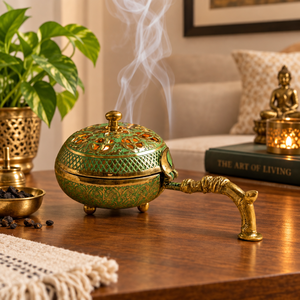 Quemador de incienso de latón con pátina verde, mango curvo, tapa, incensario de metal para Bakhoor, soporte vintage tallado para carbón Dhoop, decoración del hogar - Product Image 4