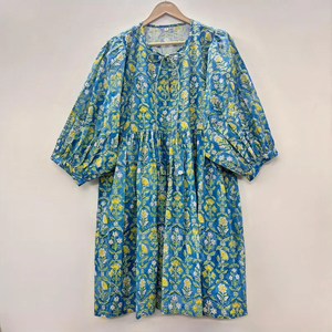 Vestido Casual Midi para Mujer, Tejido 100% Algodón, Liso, Manga Corta, Cintura Imperio, Estilo Babydoll, Cuello en V, Holgado, Funcional - Product Image 1