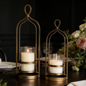 Stunning Gold Metal Candle <b>Lantern</b> <b>Set</b> Featuring An Arched Loop Top Design And Clear Glass Cylinders For Chic Modern Decoration - Product Image 5