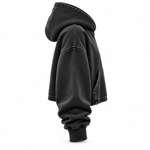 Washed Black Cropped Hoodie <b>Pullover</b> <b>Men</b> Solid 100% Cotton Regular Fit Pocket Casual Winter Wear - Product Image 2