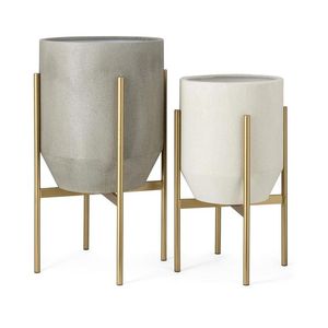 Modern Metal Flower Pots Set of 2 Galvanized Finish Geometric Pattern Indoor Planters Decorative Rustic Planters <b>Stand</b> Set - Product Image 3