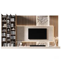 Solution murale TV sur mesure KEJIA avec panneaux à lattes intégrés et hub de rangement suspendu pour les aménagements intérieurs contemporains
