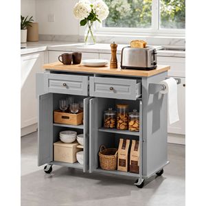 Chariot de cuisine avec rangement, 43,7 pouces de large, chariot mobile à roulettes pivotantes, 2 tiroirs et armoire, en métal et MDF - Product Image 2
