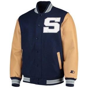 เสื้อแจ็คเก็ตวาร์ซิตี้ผู้ชาย Syracuse Orange สีกรมท่า แขนสีแทน ปักโลโก้ S สไตล์ Preppy สำหรับใส่ในฤดูใบไม้ร่วง - Product Image 1