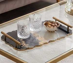 Plateau en résine noir et blanc avec détails dorés et poignées métalliques, élégant centre de table décoratif pour salon et table basse - Product Image 6