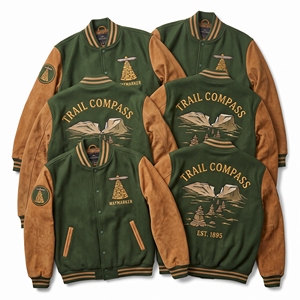 Chaqueta Letterman al por mayor, abrigo universitario de lana verde oliva con bordado Barrel Masters y mangas de cuero coñac, ropa de abrigo. - Product Image 5