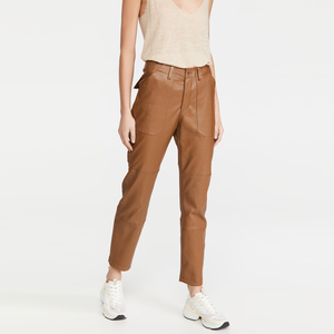 Pantalon droit décontracté en cuir véritable pour femme, anti-rides, coupe-vent, avec ceinture à nouer et poches plaquées, idéal pour l'hiver - Product Image 6