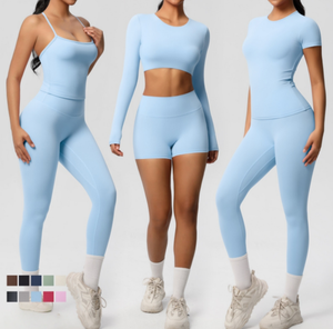 Conjunto de Yoga de 2 Piezas Azul Claro para Mujer, Leggings de Cintura Alta, Top Corto, Ropa Deportiva sin Costuras, Ropa de Entrenamiento - Product Image 1