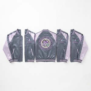 Custom B2B Supplier Green Cream Satin Varsity Jacket Zip Up Embroidered Woodland Floor Guild Baseball <b>Coat</b> - Product Image 4
