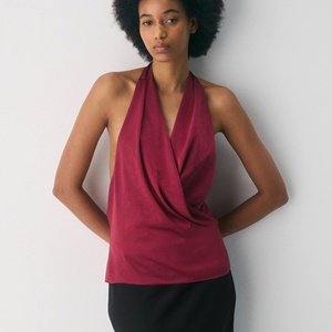Haut formel pour femme à col licou, dos nu sexy, sans manches, coupe ample d'été, en satin, pour le bureau, personnalisable - Product Image 1