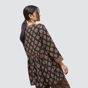 Wholesale Women's Ethnic Floral Printed Cotton Kurti Pant Set <b>Long</b> <b>Sleeve</b> <b>V</b>-<b>neck</b> Boho Tunic <b>Top</b> Loose Fit Wide Leg Trousers - Product Image 2