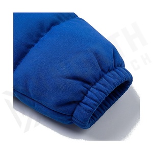 Blue Quilted Jacket With Puff Sleeves Stand Collar Zipper Closure Short Length Winter Wear Full Sleeve Solid Color - Product Image 6